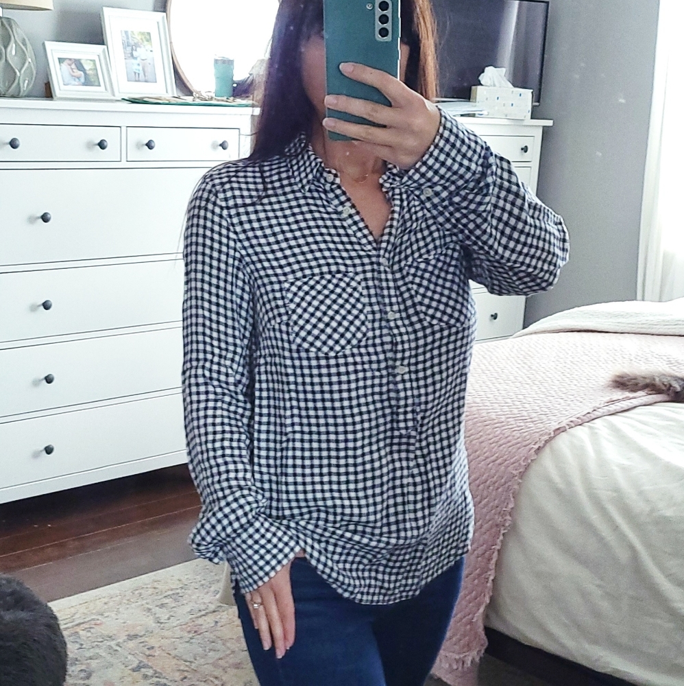 Merona Navy Plaid Tunic 1/2 Button Front Shirt S